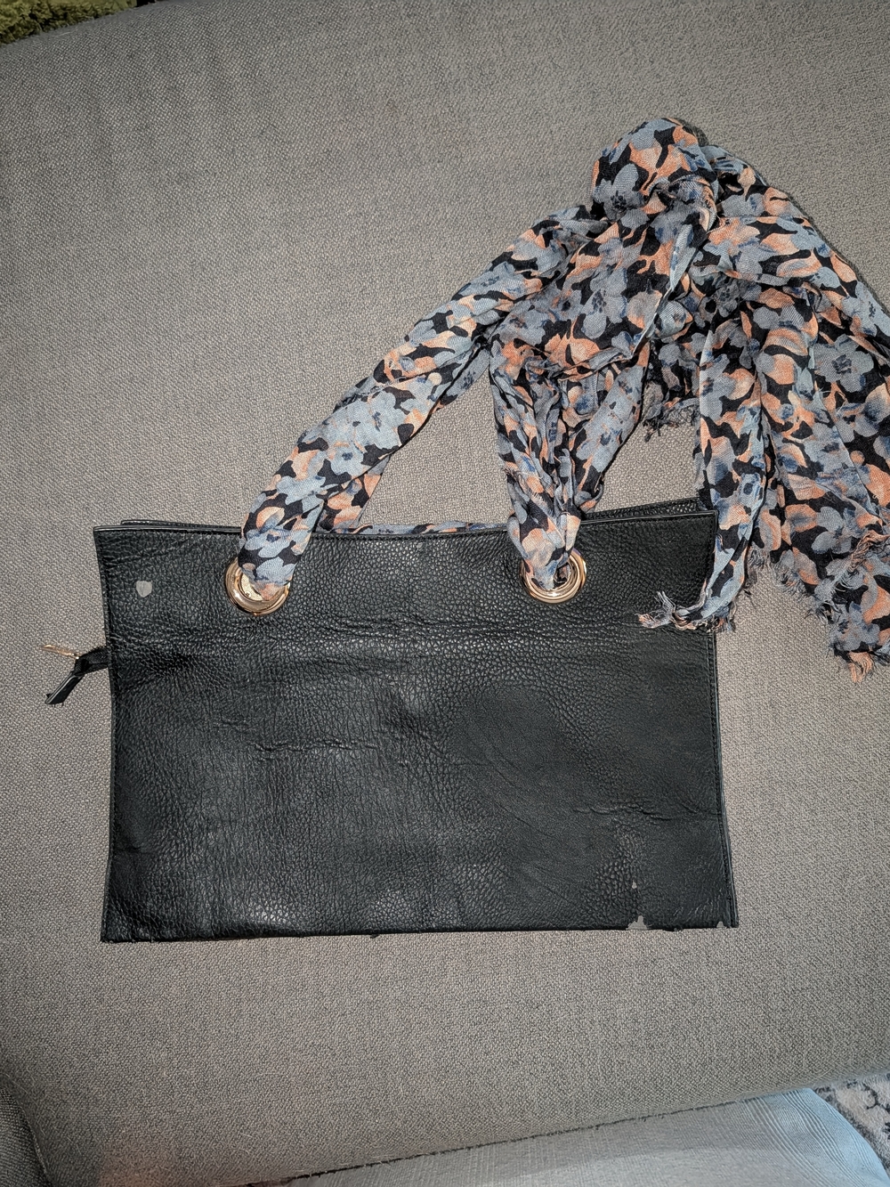 Prada Black Leather Tote Bag with Floral Scarf Handles